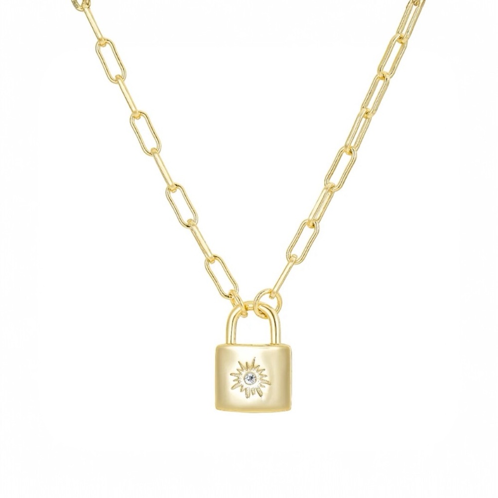 Gold filled Padlock Necklace with Sunburst Design